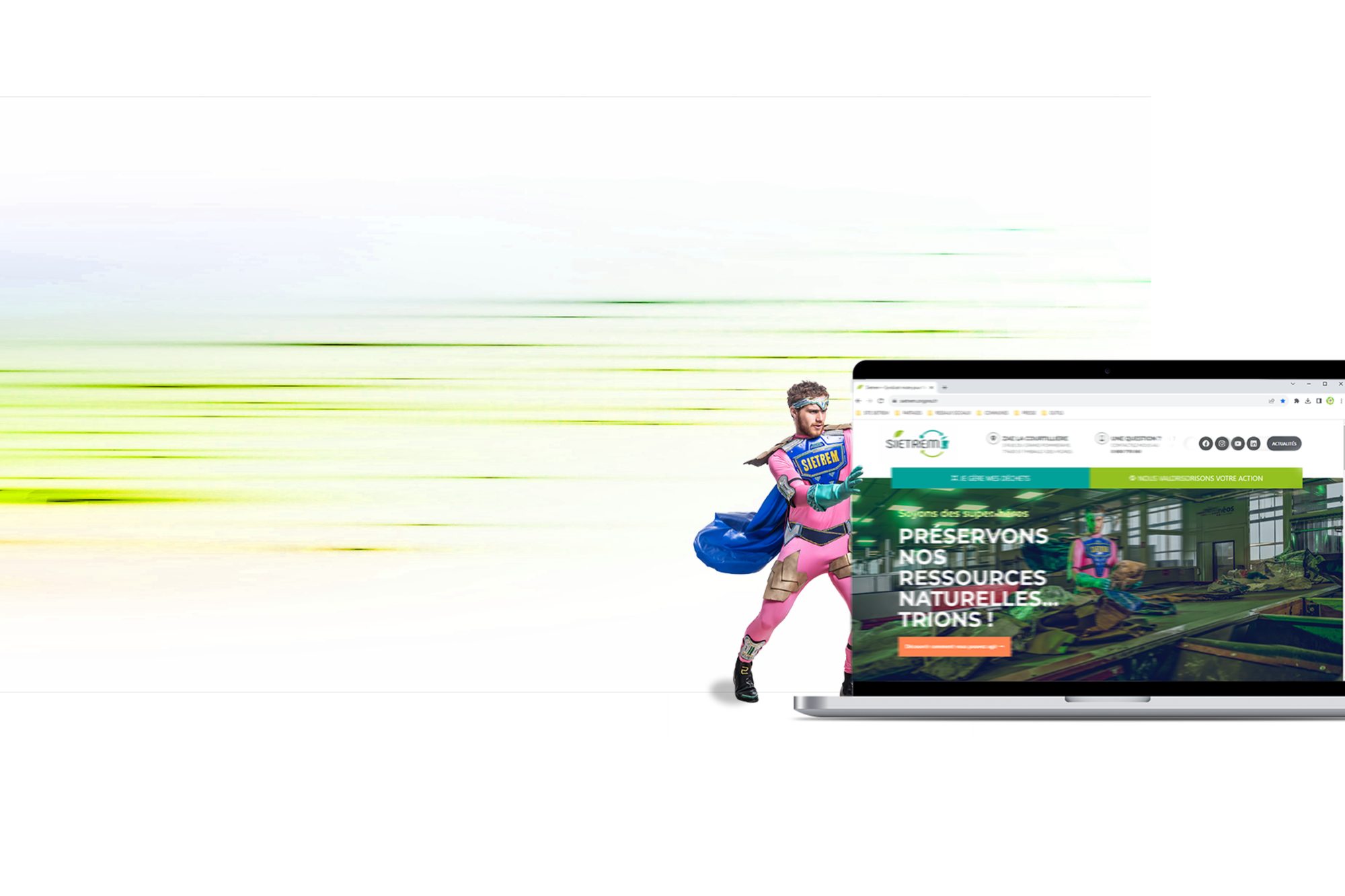 Le nouveau site SIETREM affiché sur un ordinateur portable, avec un super-héros en mouvement.